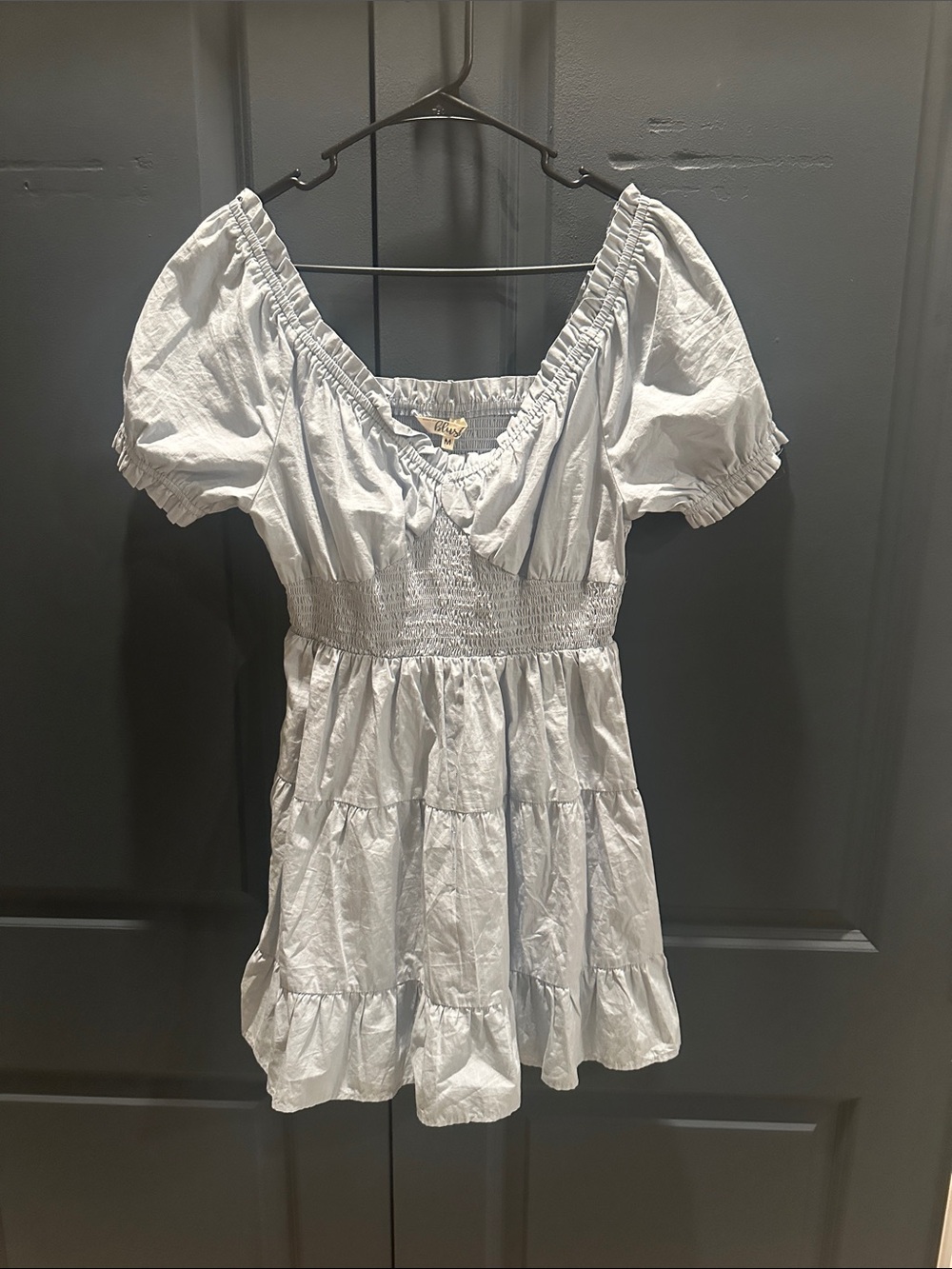 Blush Light Blue Puff Sleeve Tiered Mini Dress